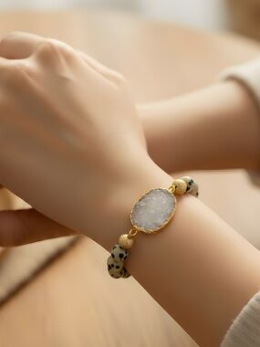 OILNANA Dalmatian‎ Jasper beaded gemstone bracelet Agate Druzy stretch one size